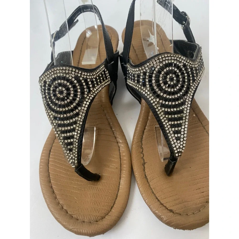 Nicole shoes‎ Black Rhinestone T-Strap Wedge Sandals Buckle Slingback Size 7M